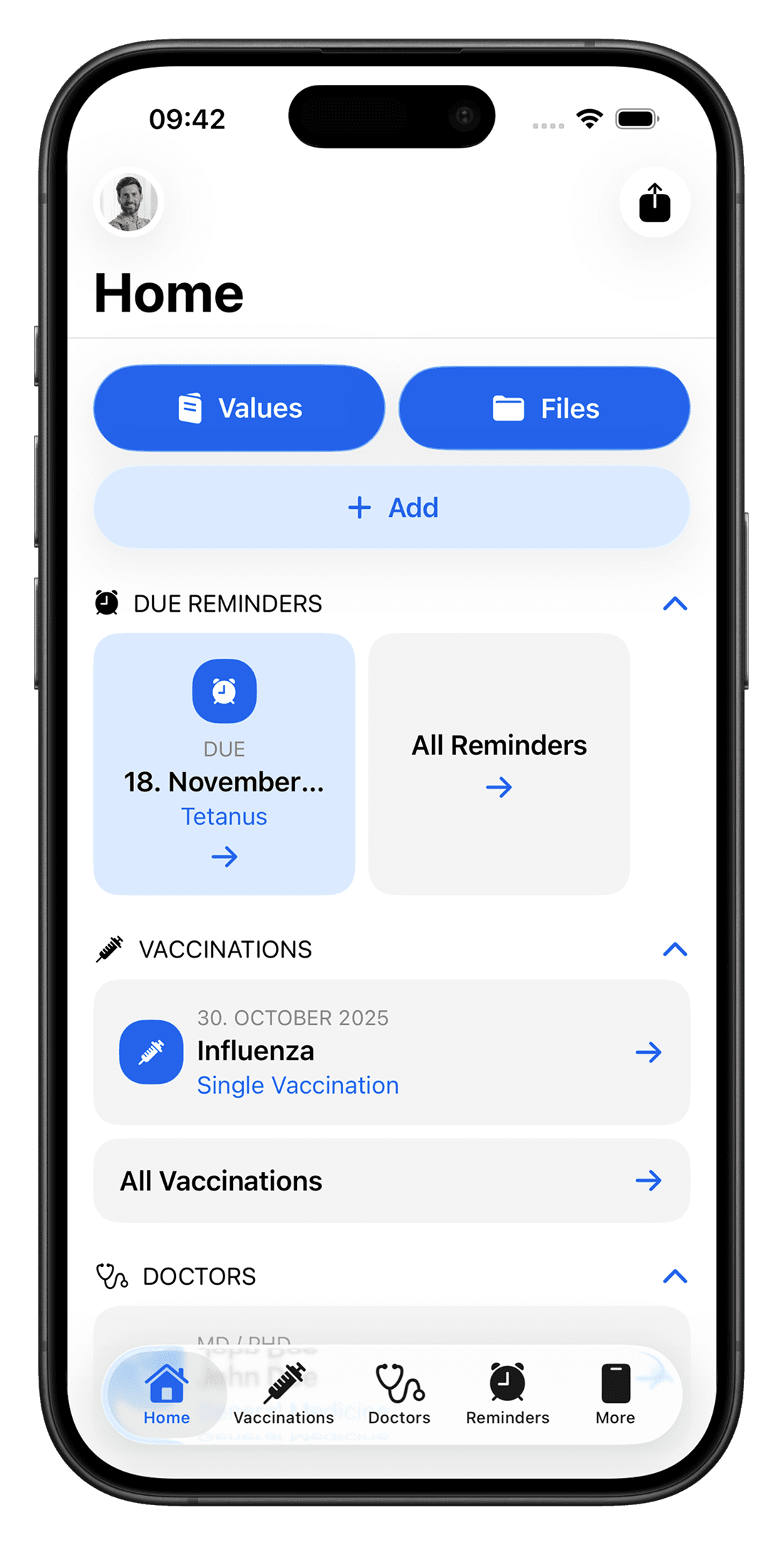 The Vaccy home screen on iPhone, showing due reminders, recent vaccinations and saved doctors.
